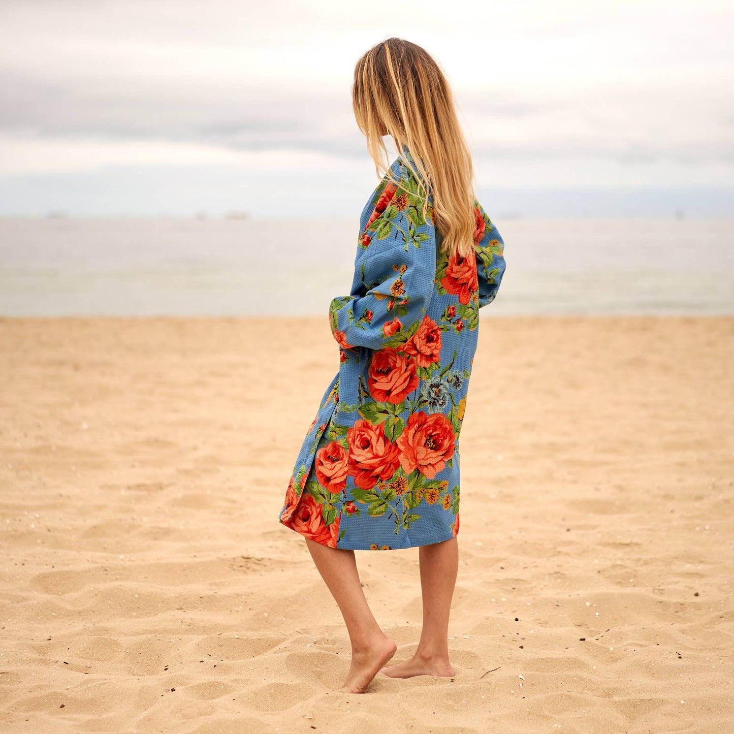 Linen Connections - Cotton Kimono | Bathrobe Frida | Waffle Robes - Floral Blue