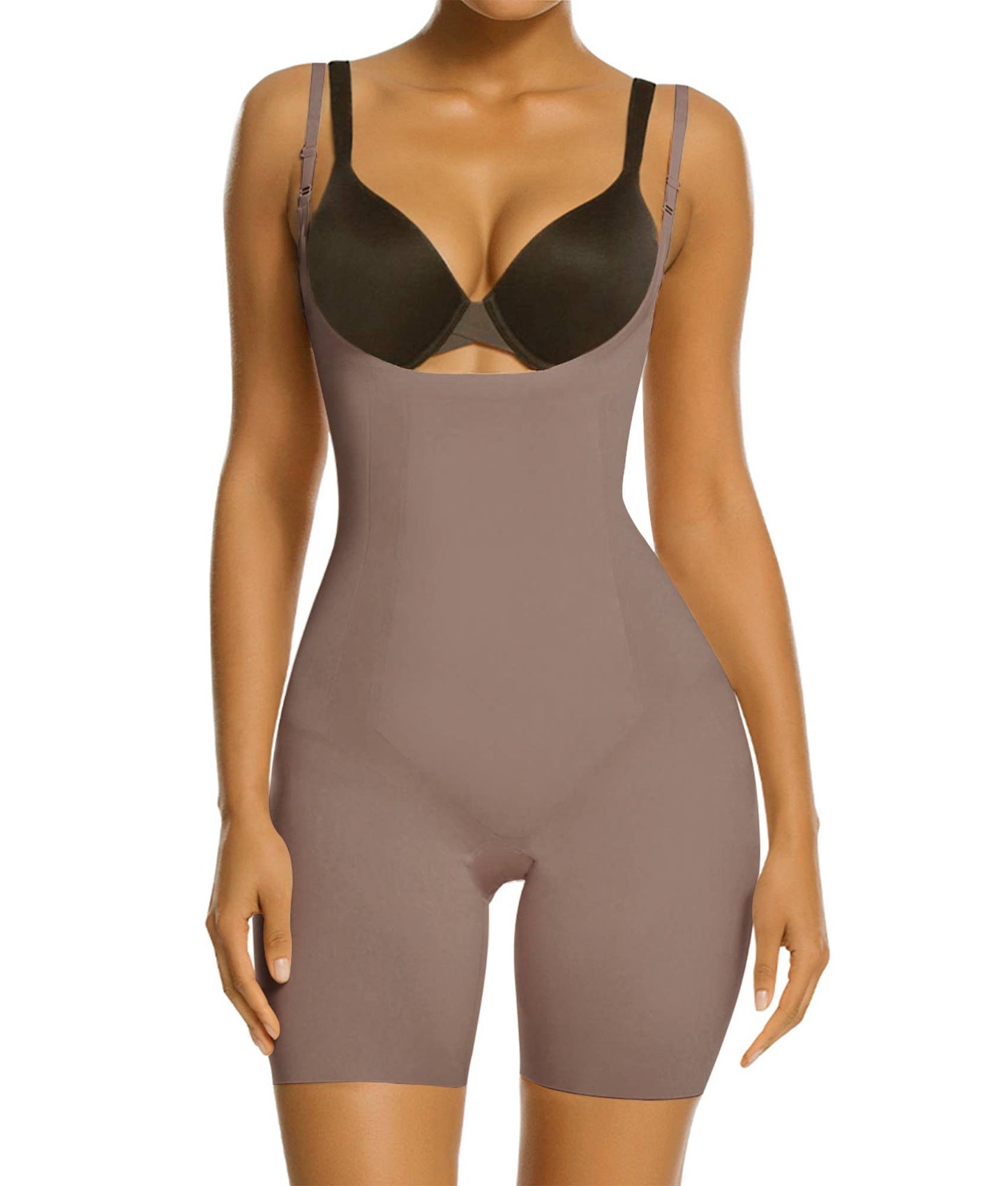 SHAPERX - SHAPERX Open-Bust Mid-Thigh Bodysuit shapewear: S / Beige
