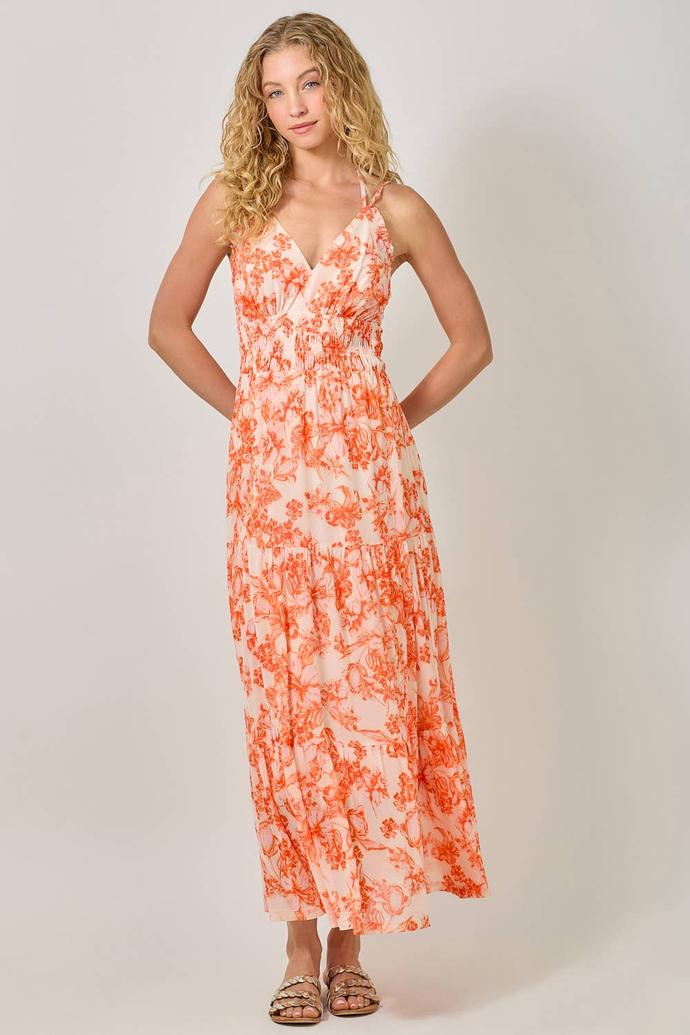 Mystree - 61048 Printed Mesh Long Tiered Dress: Ivory/Pale Blue / Small