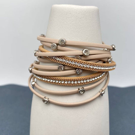 Mio Queena - Cubic Zirconia Multi-layer Leather Magnetic Buckle Bracelet - BJ: Khaki