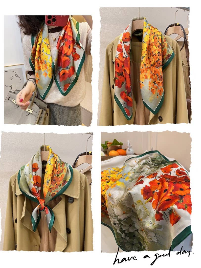 JC Sunny Fashion - JC0707002 Luxurious Silk-Feel Square Scarf--Green-Red Floral