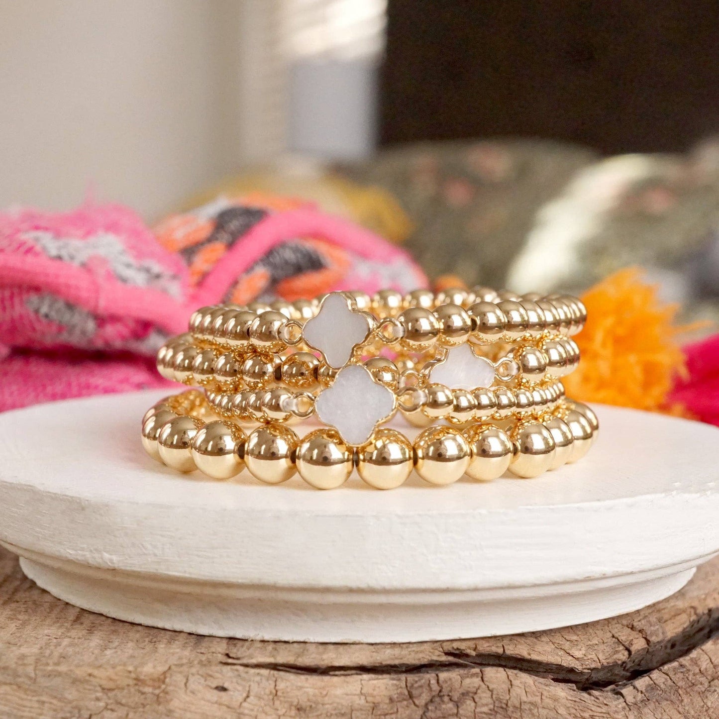 PennyLine inc - Clover Gold-Tone Ball Beads Bracelet Stack – Mother of Pearl Quatrefoil