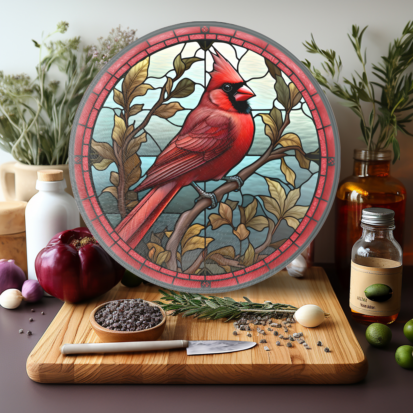 Fernville Creations - Glass Cardinals Cutting & Serving Board, Charcuterie Tray: 12 - Inch
