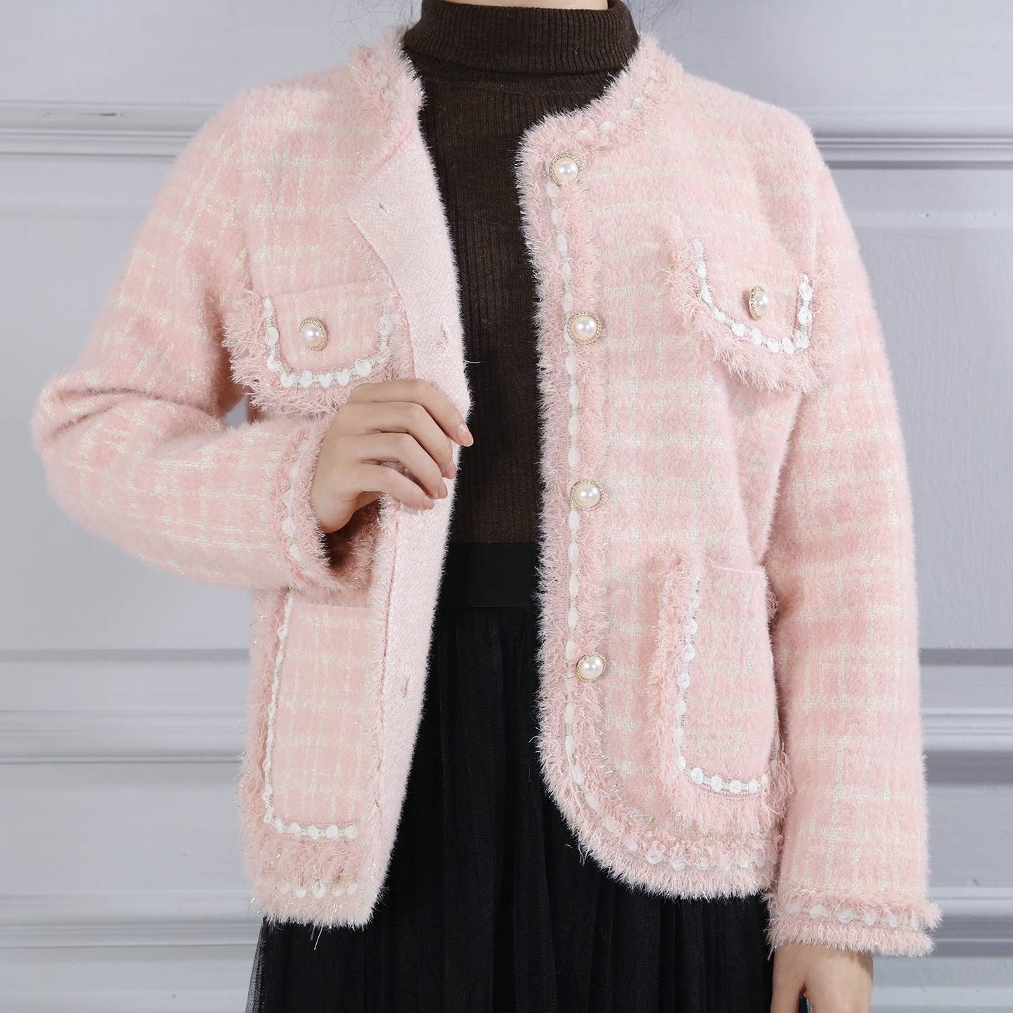 PEACH ACCESSORIES - SD187 Tweed soft cardigan: Black