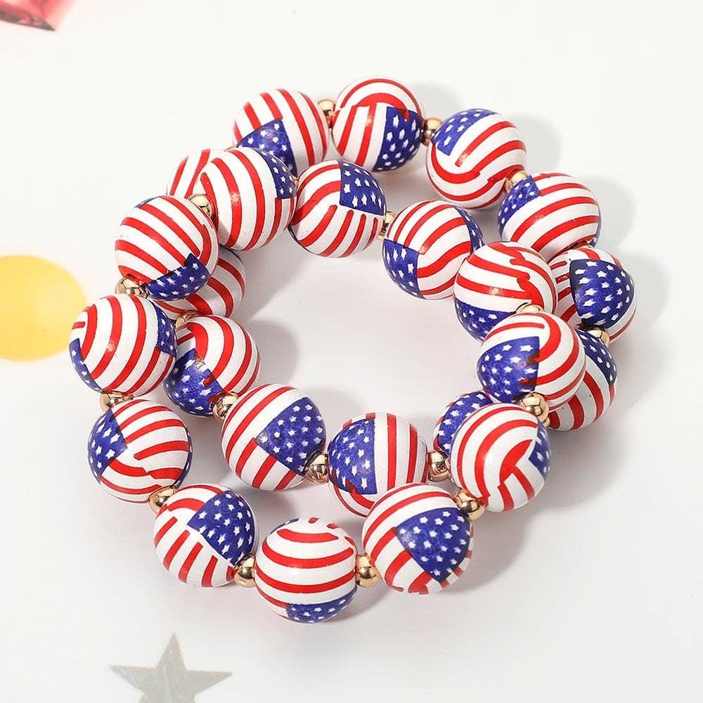 Sensibling Corp. - 2PCS - USA Flag Printed Beaded Stretch Bracelet