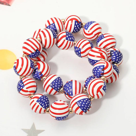 Sensibling Corp. - 2PCS - USA Flag Printed Beaded Stretch Bracelet
