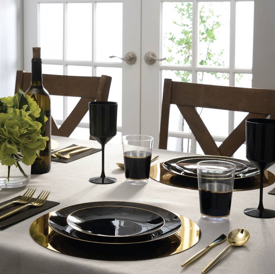 Luxe Party - Round Black • Gold Plastic Plates | 10 Pack: 7.25" Appetizer Plates
