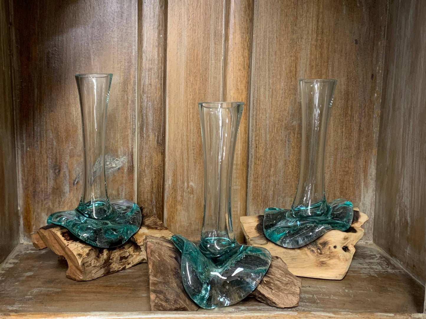 Asia West - Glass Vase on Natural Wood Base (approx. 9"h)