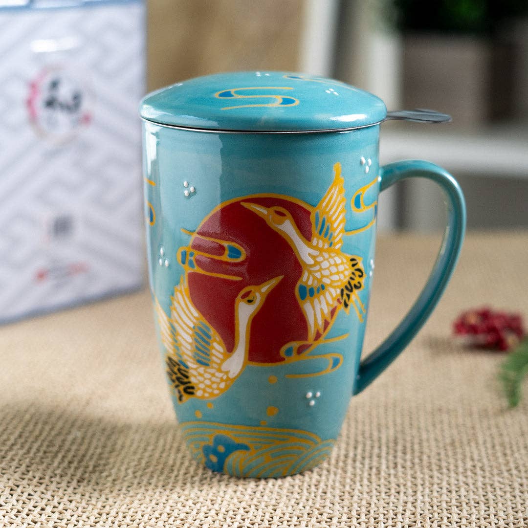 Urban Tokyo - Japanese Crane Design 15oz Tea Mugs with Lid and Infuser for Loose Leaf Tea (4/32)