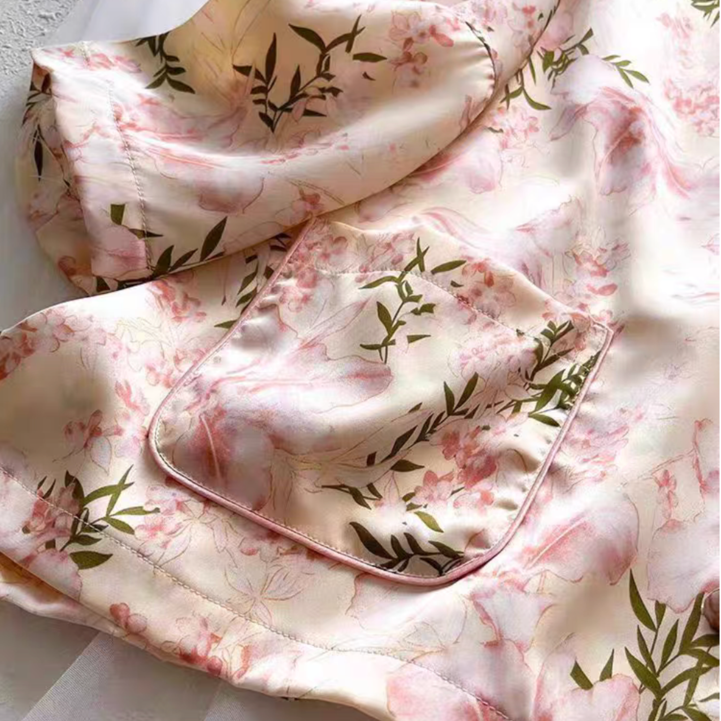 DrifWoo - Floral Satin Pajama Set – Premium Ice Silk Feel with Pockets: M