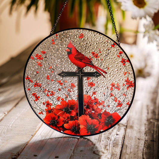 NVC Ecommerce LLC - Cardinal & Cross Stained Glass Suncatcher, Window Decor: 11.8in