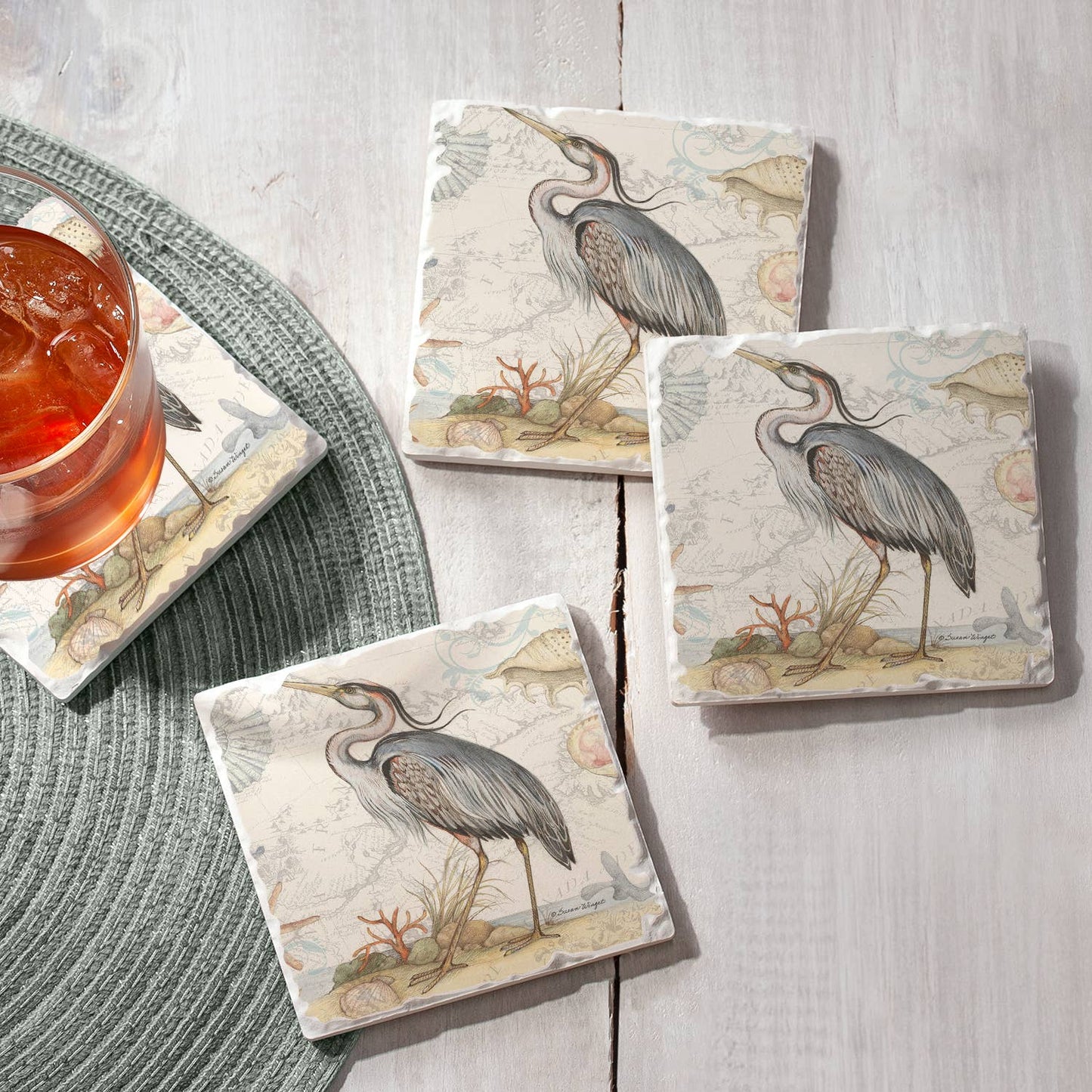 CounterArt/Highland Home/Thirstystone - Shoreline Blue Heron Absorbent Stone Tumbled Tile Coasters