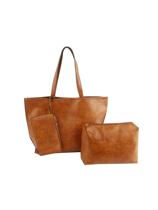 Handbag Express - Whipstitch Accented Luxurious Tote Set: LHU217-1-BR