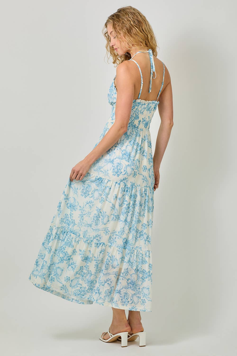 Mystree - 61048 Printed Mesh Long Tiered Dress: Ivory/Pale Blue / Small