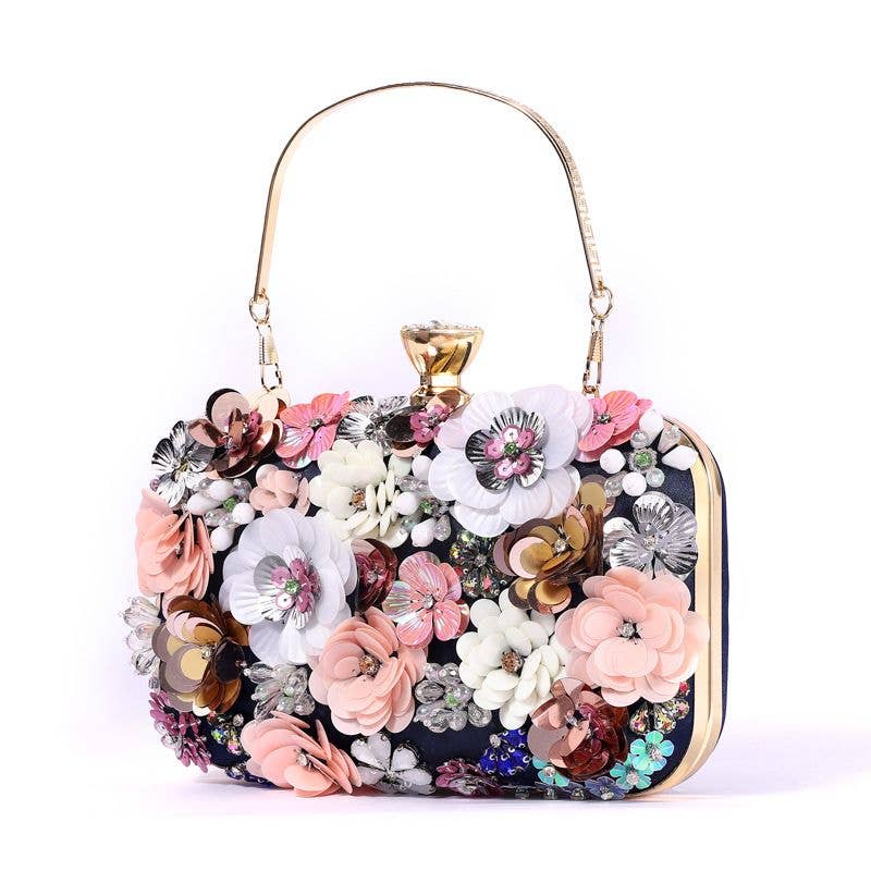 PEACH ACCESSORIES - K020 Floral Embellished Clutch Bag: Navy