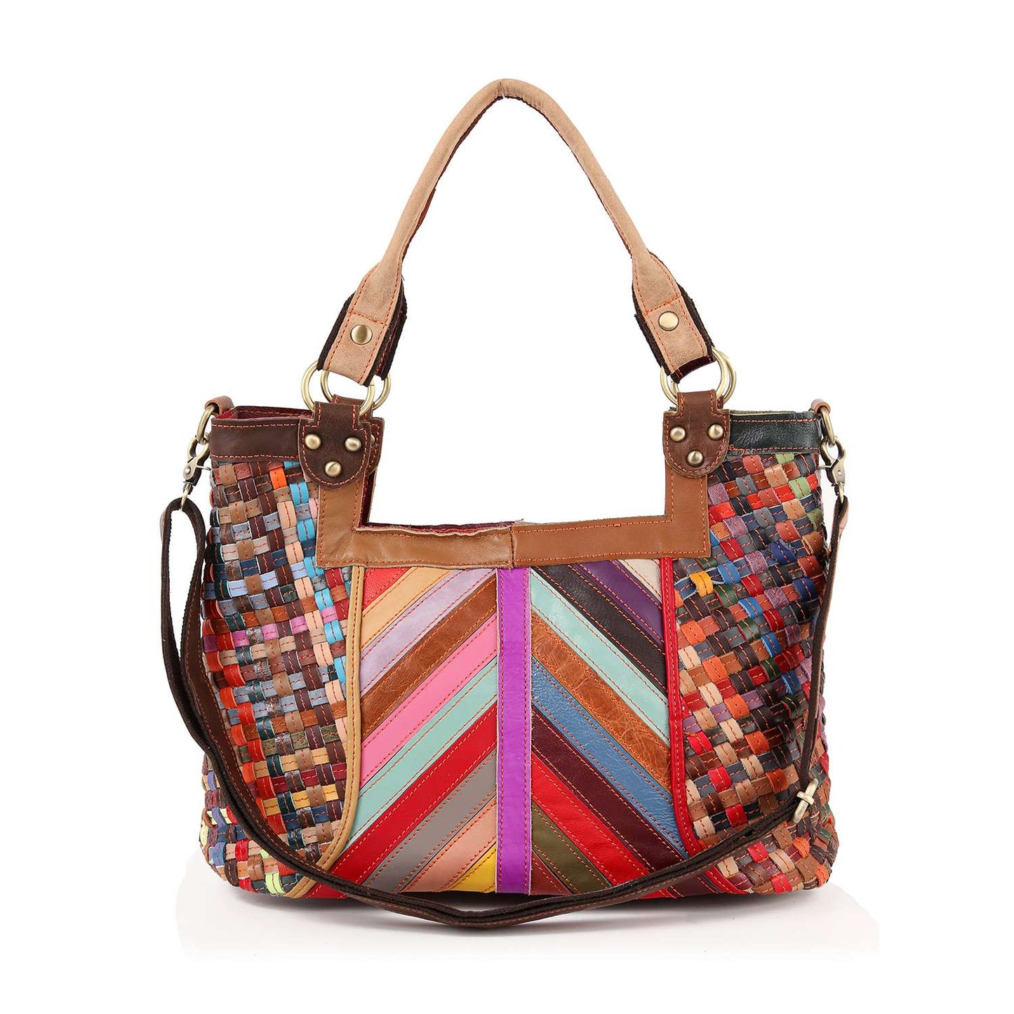 Handbag Express - Genuine Leather Colorful Woven Shoulder Bag: Multi