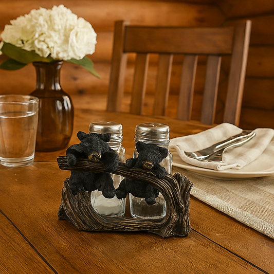 De Leon Collections - Bear Cub Playing on Branch Salt and Pepper Shaker Holder Set