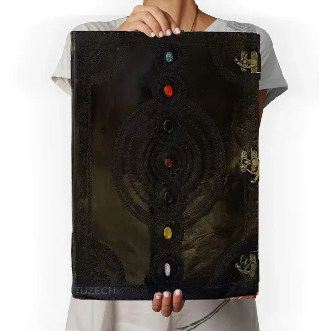 Tuzech Leather - Tuzech Handmade Vintage Seven Chakra Stone Embossed Diary: Brown / 10 x 7 inch / Unlined