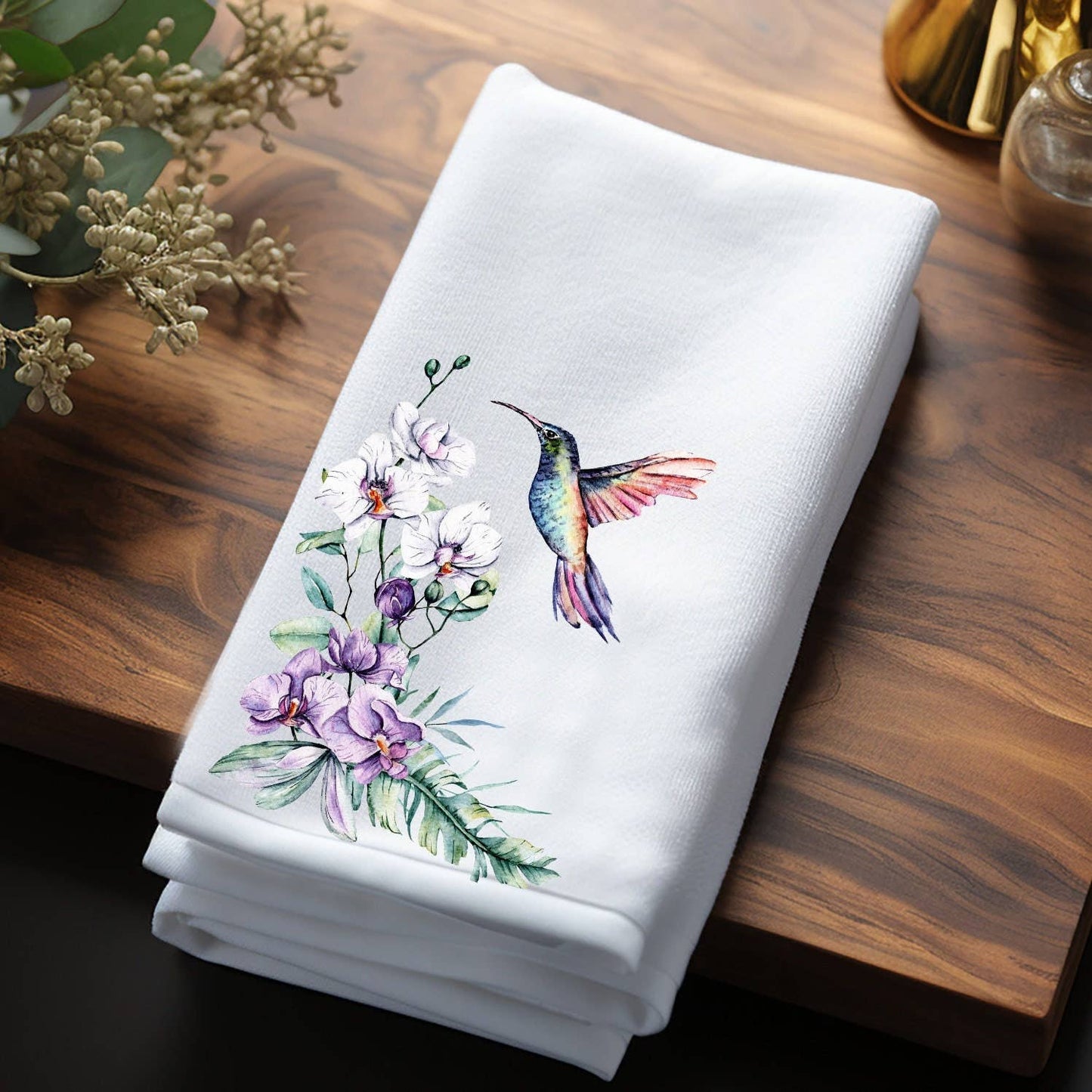 Fernville Creations - Hummingbird & Orchid Floral Finger Towel for Powder Room