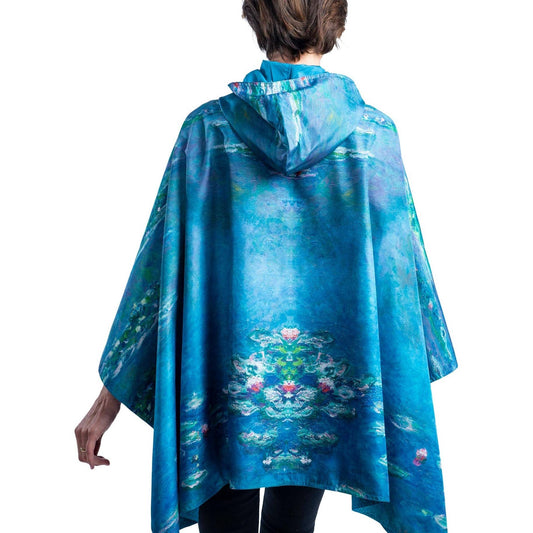 RainCaper - Monet Water Lilies Reversible Rain Cape Poncho – Lightweight Hooded Wrap for Women