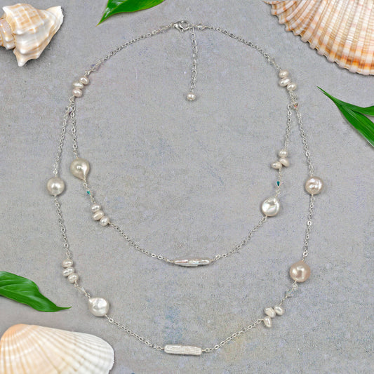 IST Jewelry - 25C07 - Iridescent Pearl & Crystal Cascade Necklace