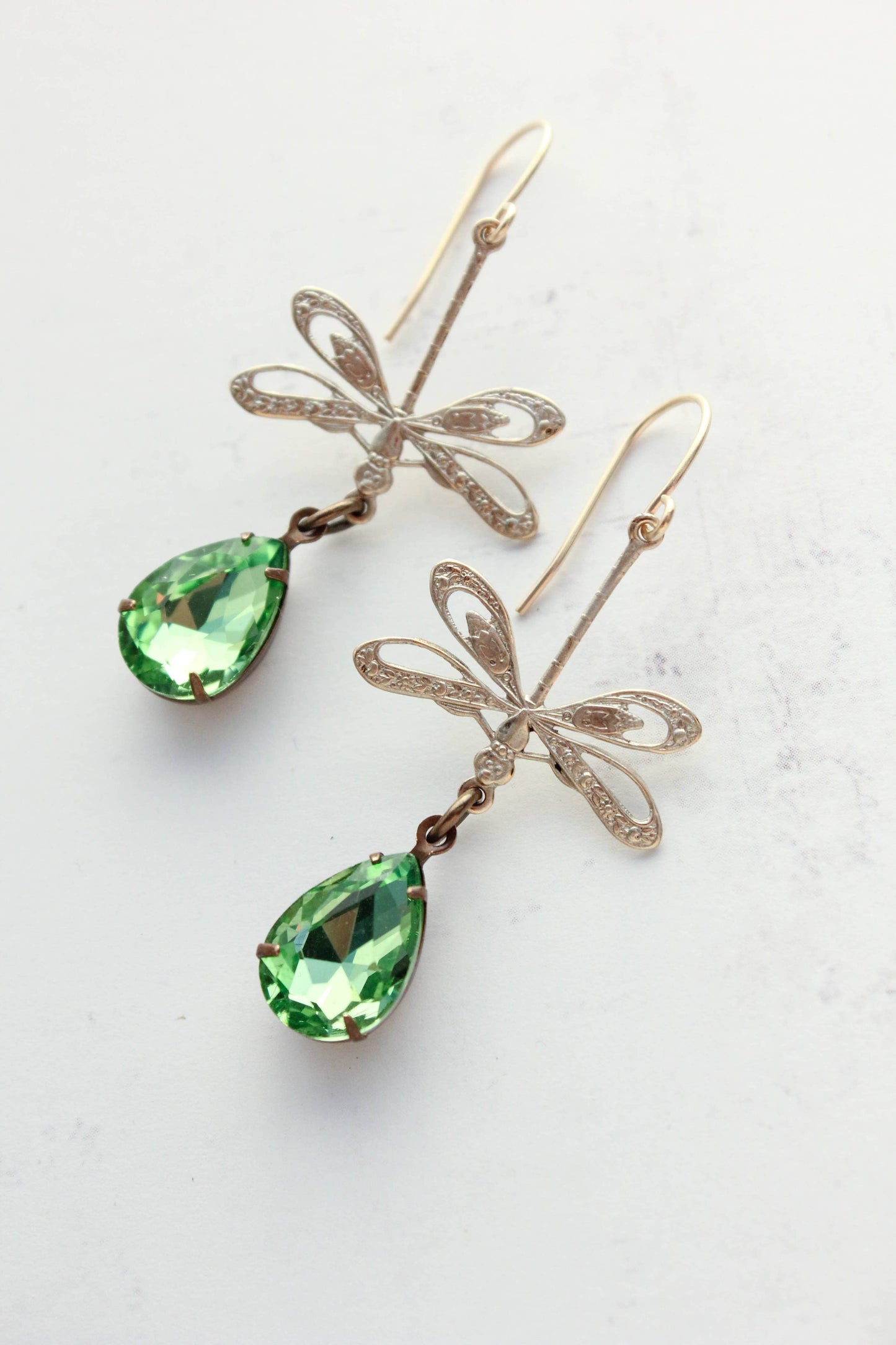 A Pocket of Posies - Dragonfly Earrings - Gold Patina and Green Glass