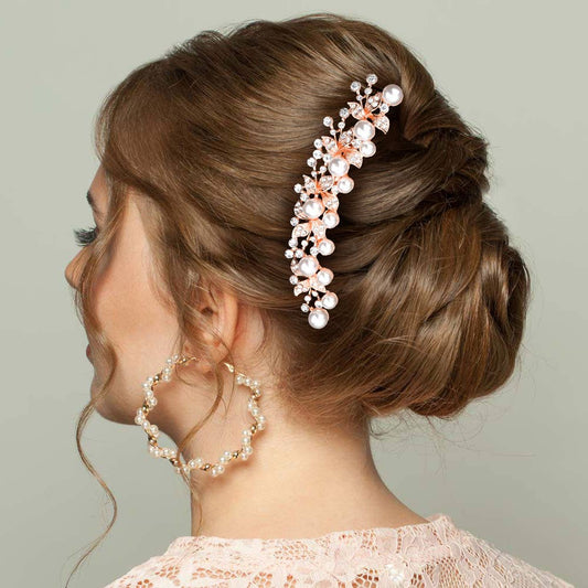 Sensibling Corp. - Pearl Accented Leaf Cluster Hair Comb: Rose Gold
