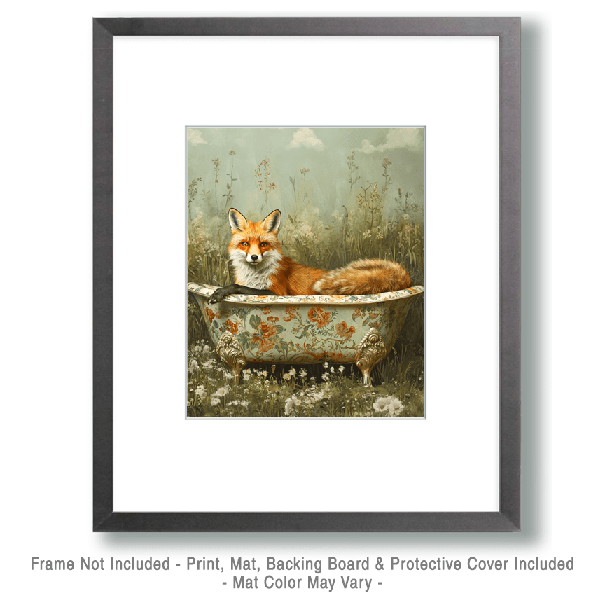 Mowbi - Fox in Bathtub - Bathroom Wall Art Prints – 8″x10″ Artwork for 11″x14″ Frame