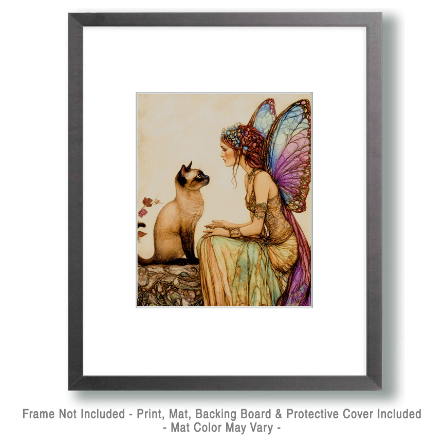 Mowbi - Siamese Cat and Her Fairy - Fairies Wall Art Prints – 8″x10″ Artwork for 11″x14″ Frame