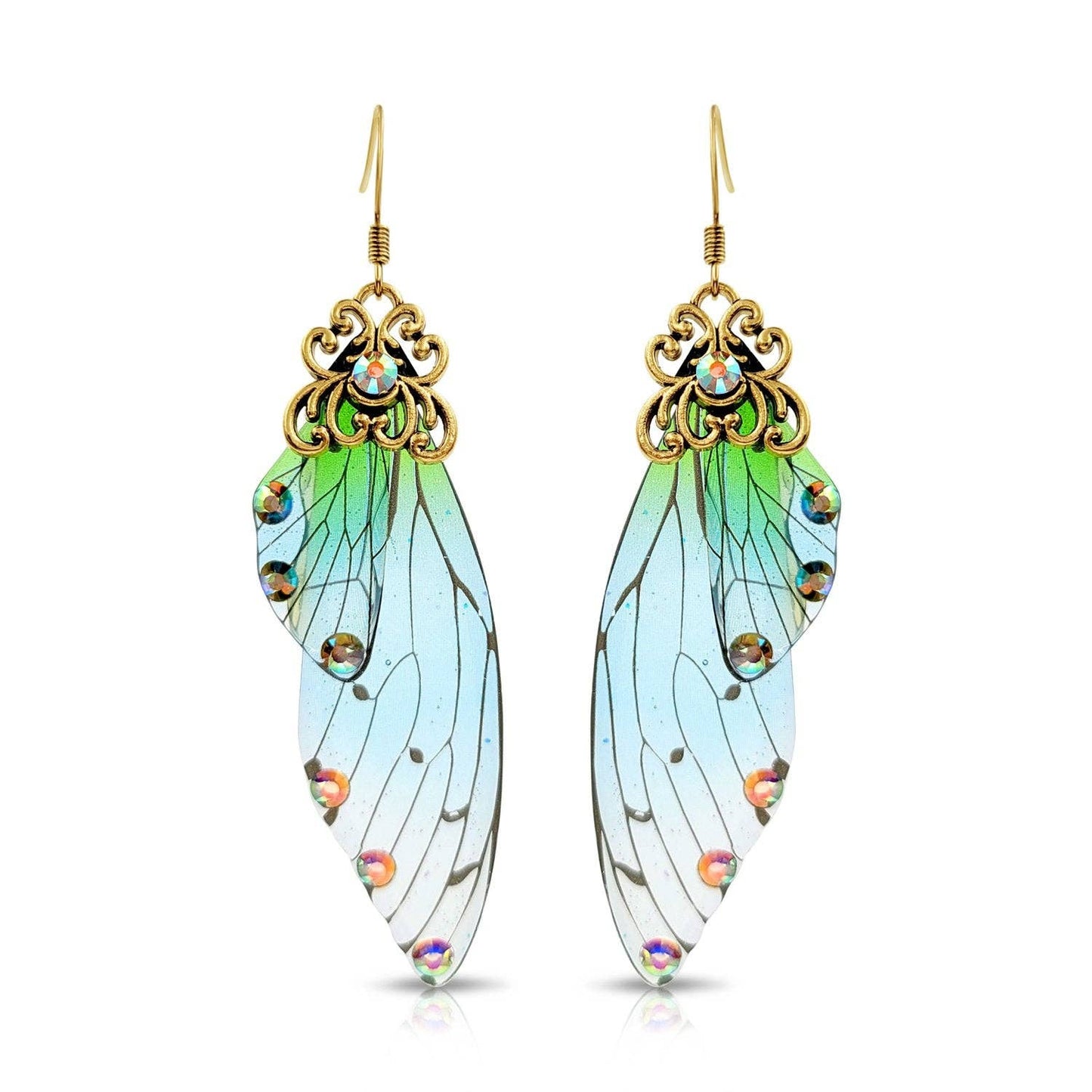 BESHEEK JEWELRY - BeSheek Antique Gold Blue & Green Resin Butterfly Wings: Title