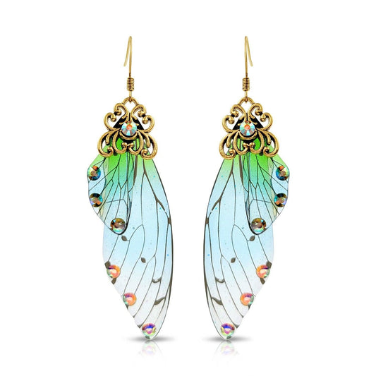 BESHEEK JEWELRY - BeSheek Antique Gold Blue & Green Resin Butterfly Wings: Title