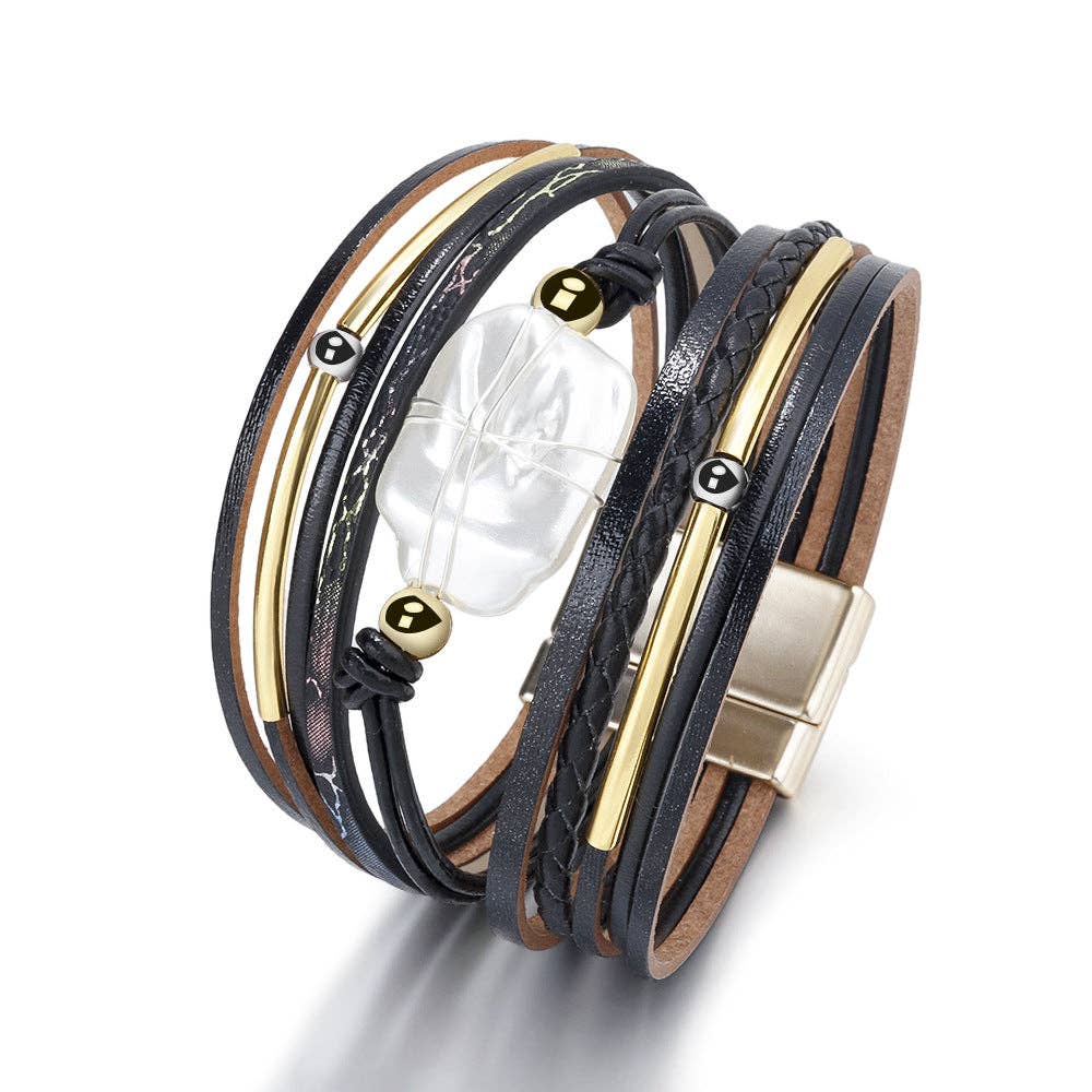 Mio Queena - Pearl Charm Leather Bracelet with Magnetic Buckle - LB: Brown