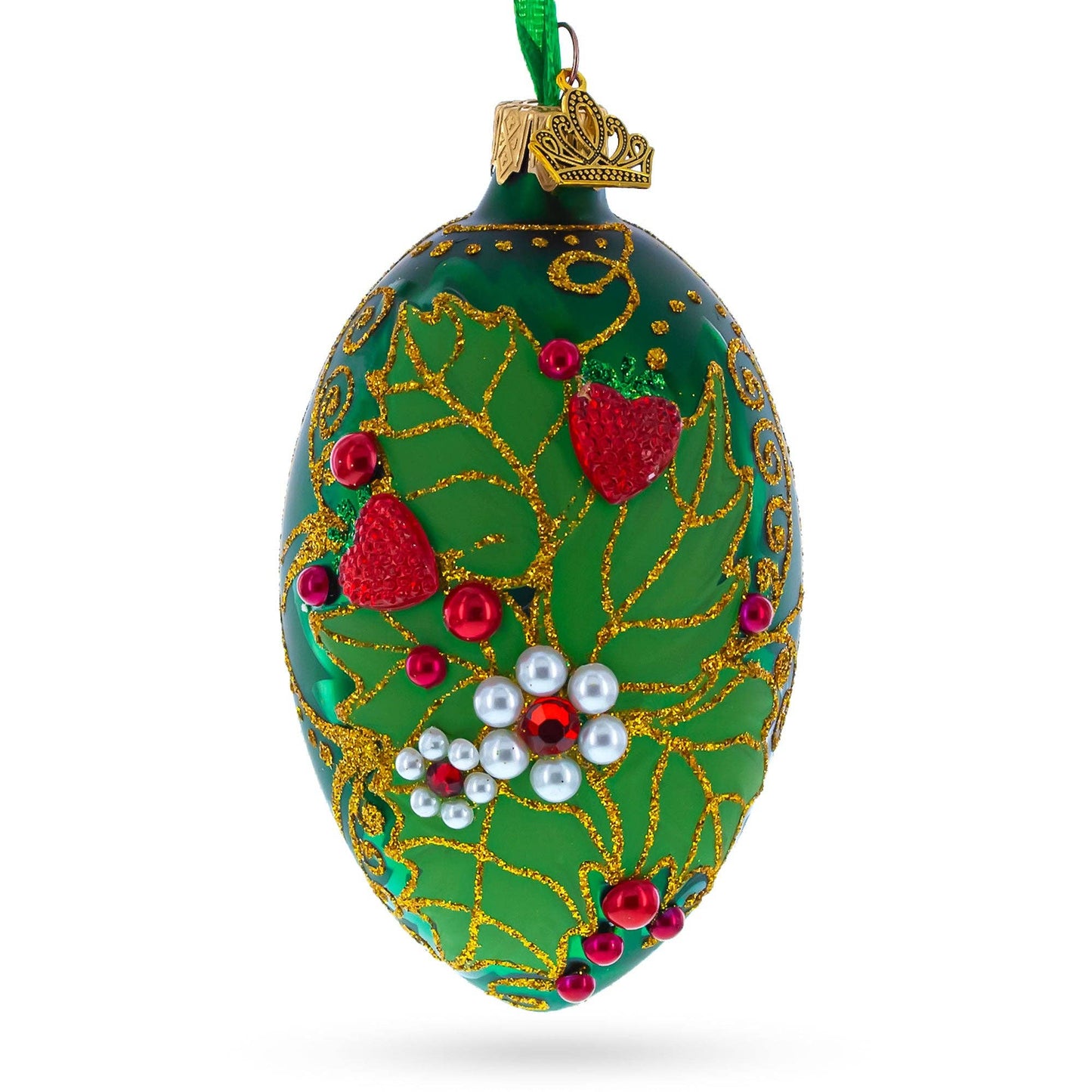 BestPysanky - Pearl on Green Leaves Glass Egg Ornament