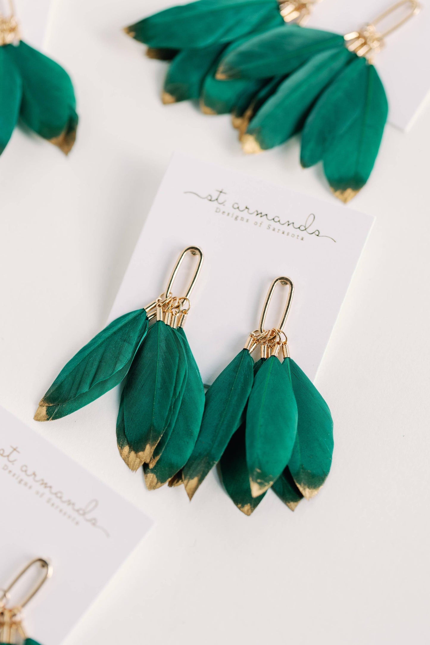 St Armands Designs of Sarasota - Emerald Gold Dipped Feather Tassel Statement Earrings
