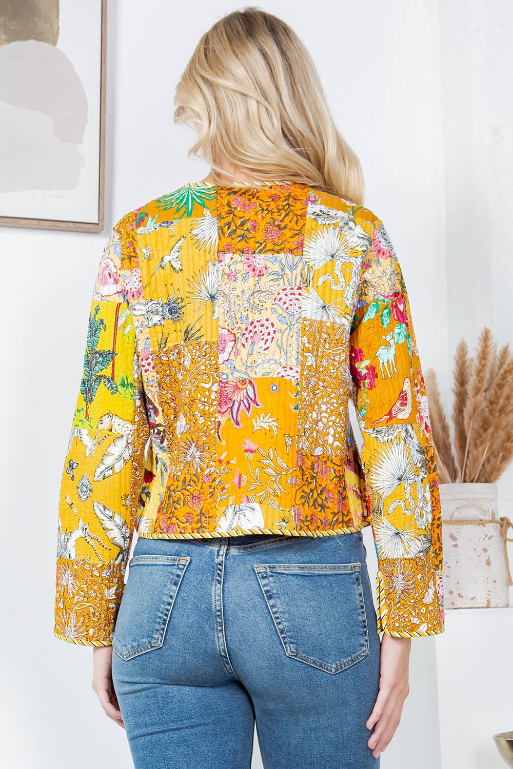 LA Soul - Floral Print Quilted Patch Cotton Jacket - Yellow: XL