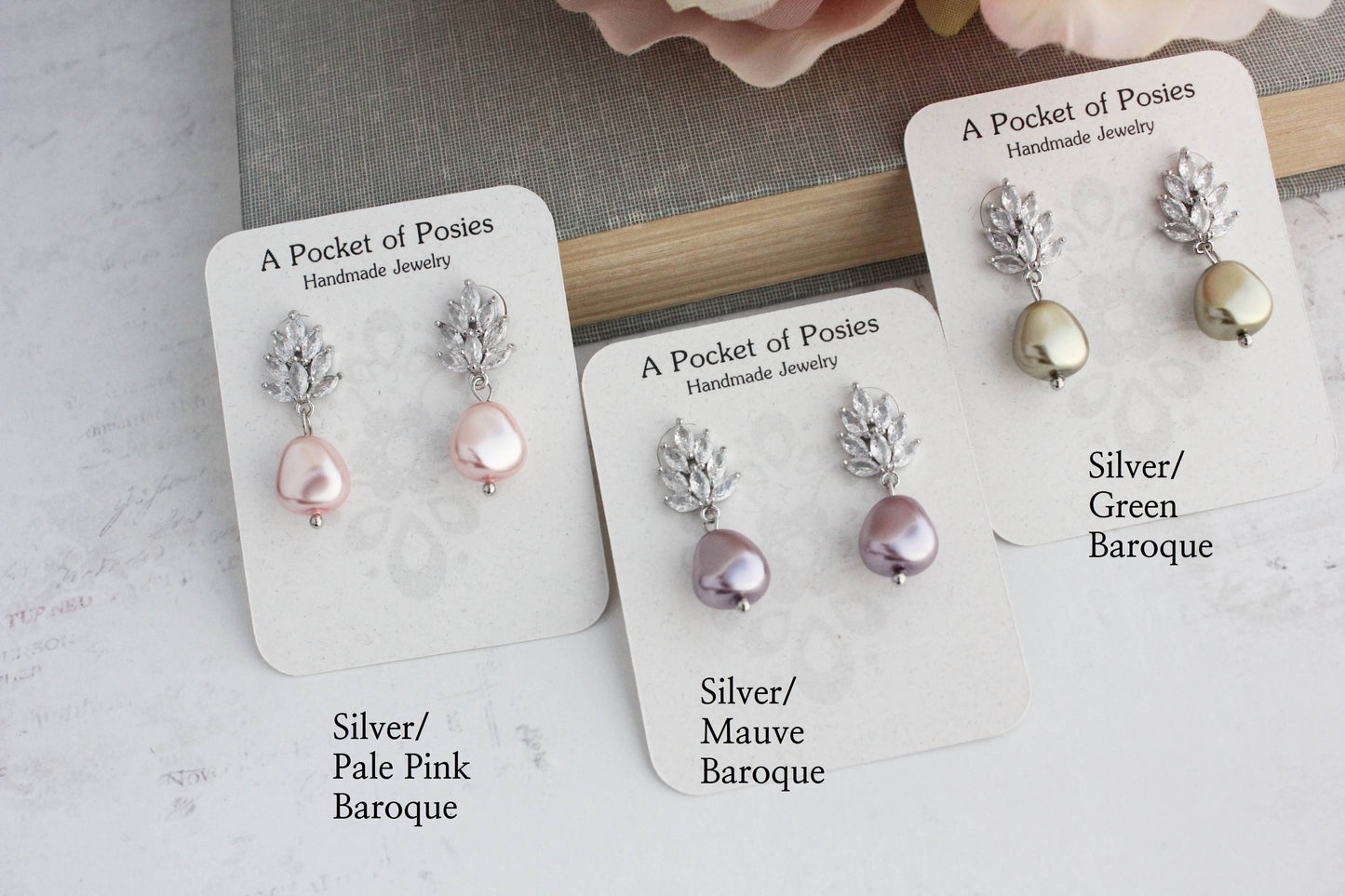 A Pocket of Posies - Glass Leaf Post Earrings - Pearl Drop: Gold Plated / Ivory Cream/Baroque Pearl