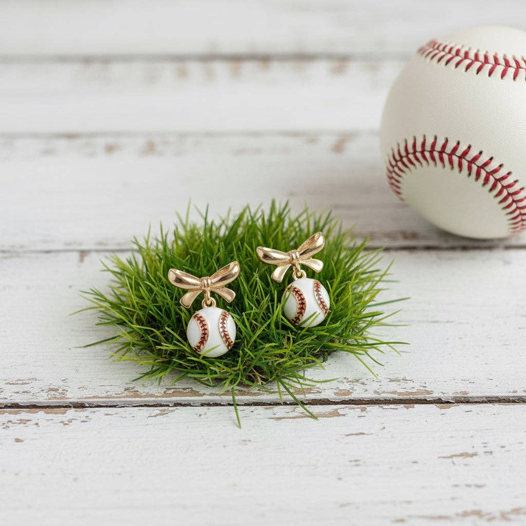 Laurel in Bloom - Hadley Baseball & Gold Bows Earrings