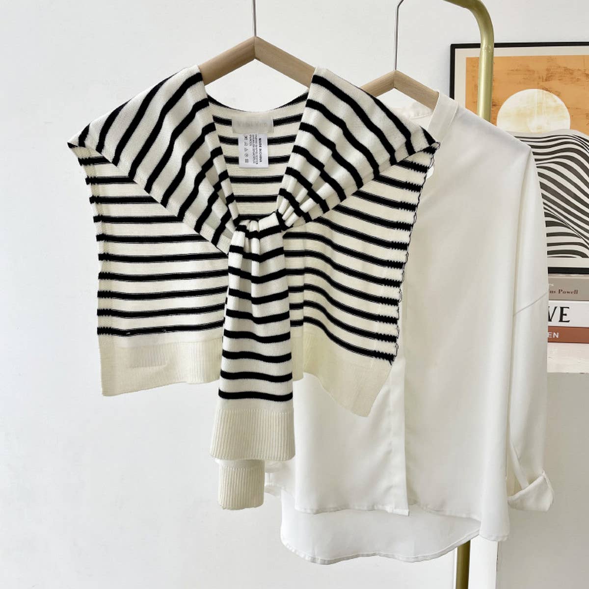 ACCITY - STRIPED KNITTED OUTER SHAWL_CWASC0758: KHAKI / (OS) 1
