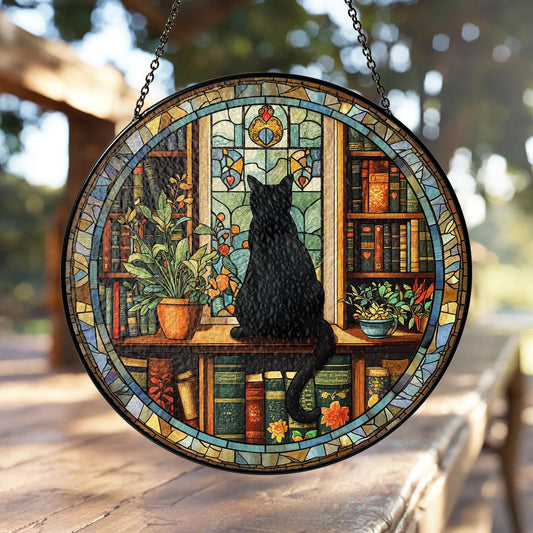 NVC Ecommerce LLC - Black Cat and Book Stained Glass Suncatcher, Librarian Decor: 11.8in