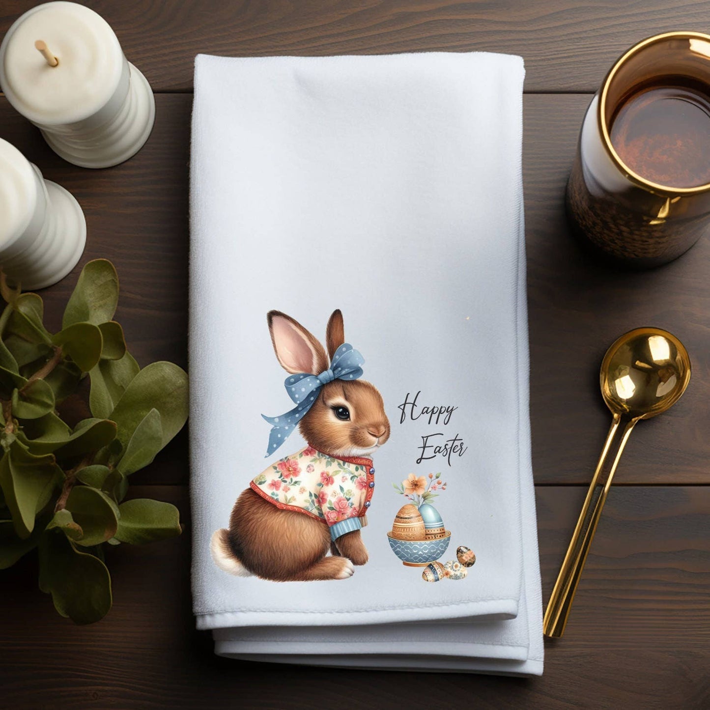 Fernville Creations - Spring Easter Hand Towel with Bunny & Eggs, Customizable: Without