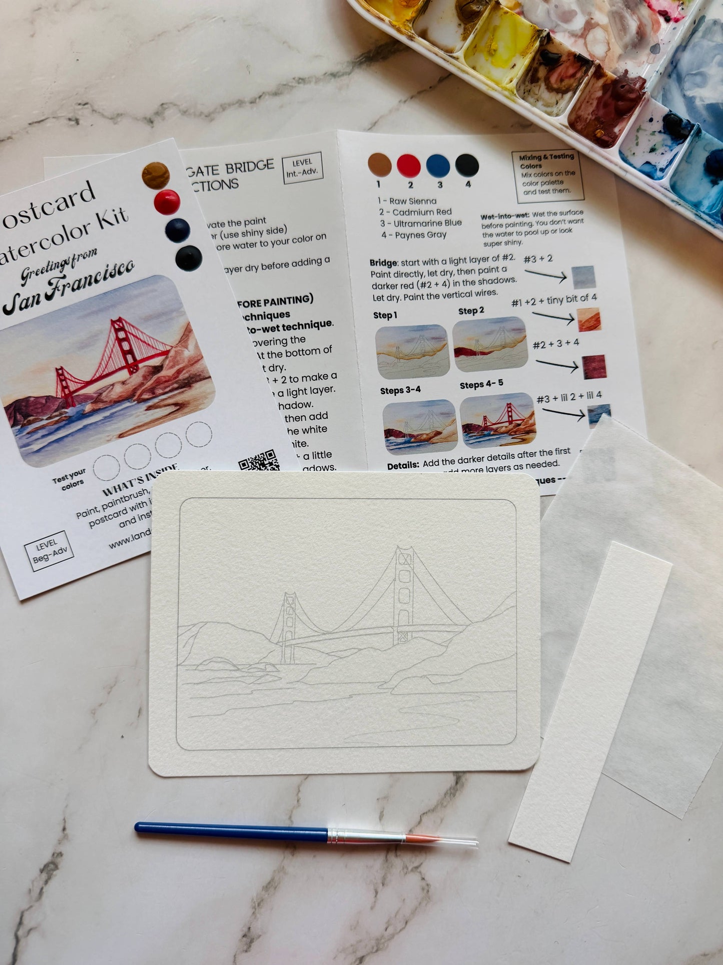 Landa Ruen Art - San Francisco Golden Gate Bridge Watercolor Postcard Kit