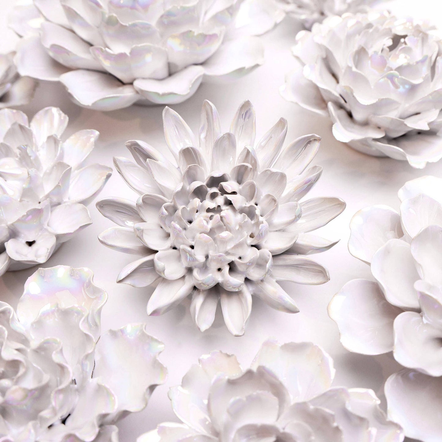 Chive - Coastal White Ceramic Flowers For Tabletop Or Wall Hanging: Ivory Chrysanthemum