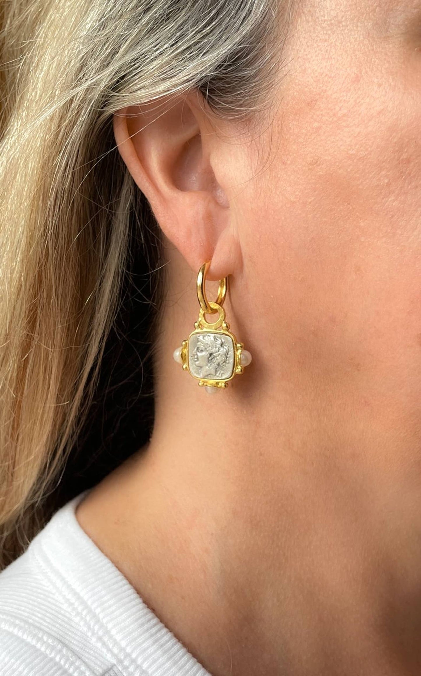 AJS Design Studio - 2 tone hoop earring with roman coin and pearl accents