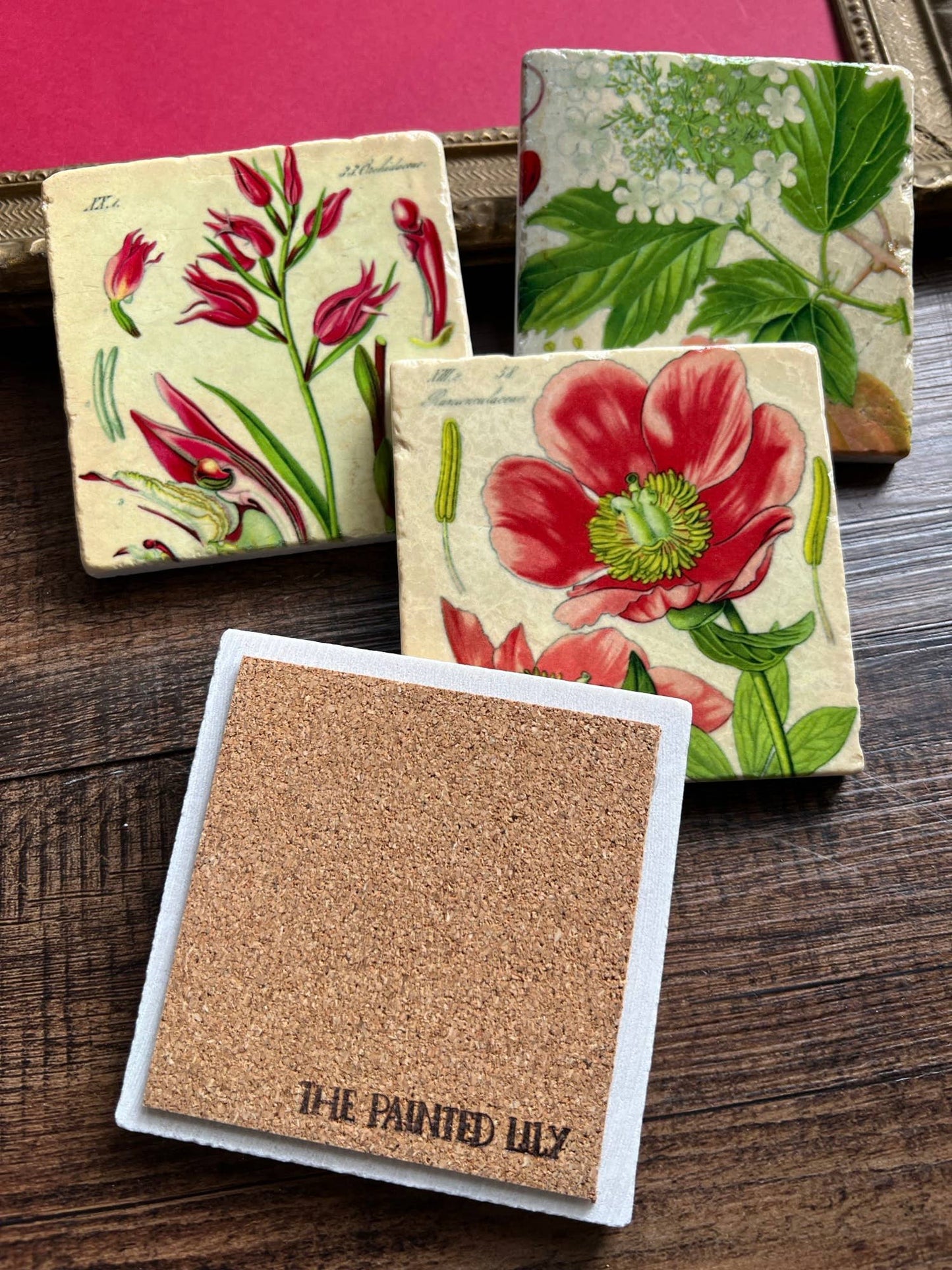 The Painted Lily - Pretty Pink Botanicals stone coasters - case of 4