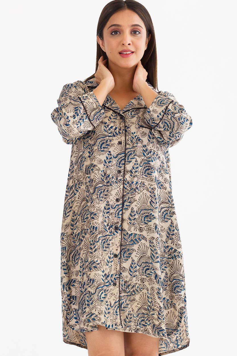 Sevya Handmade - Kalamkari Nightshirt: S/M / Blue & Silver