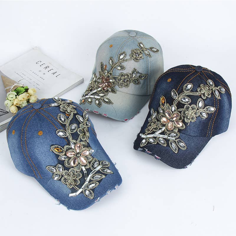 MKS America - Trendy Flower Hot Rhinestone Cowboy Baseball Cap: Blue / M