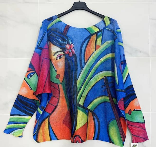 LOOWIE - 173 One Size Blue Picasso Style Printed Sweater LOOWIE
