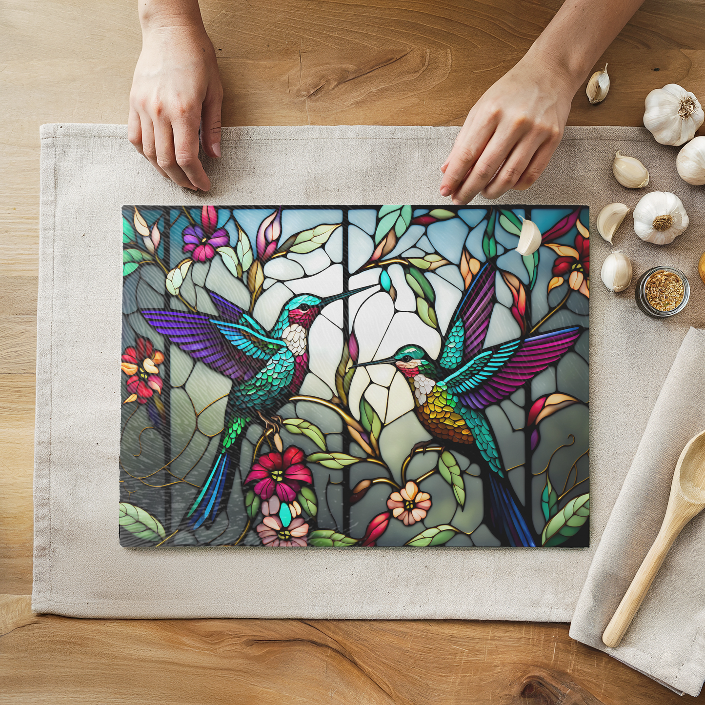 Fernville Creations - Hummingbird Tempered Glass Charcuterie & Serving Board: 11x15 inches