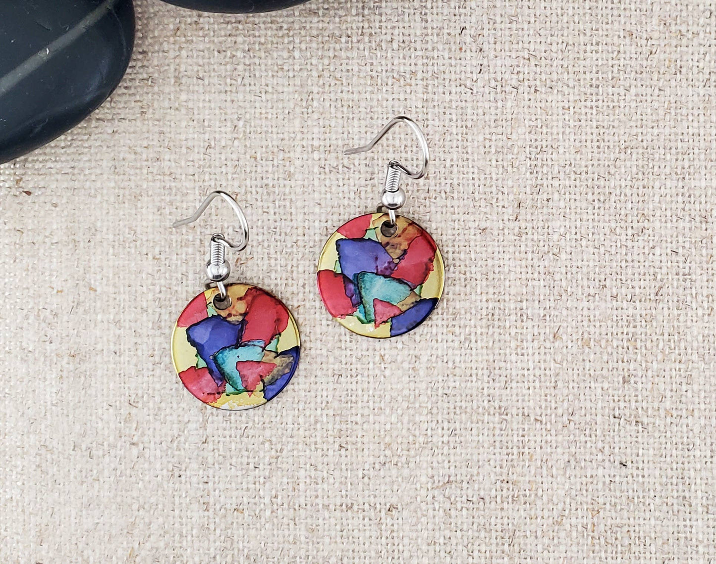 Covaly Artisan Jewelry - Alcohol Ink Stainless Steel Small Circle Earrings: Reds