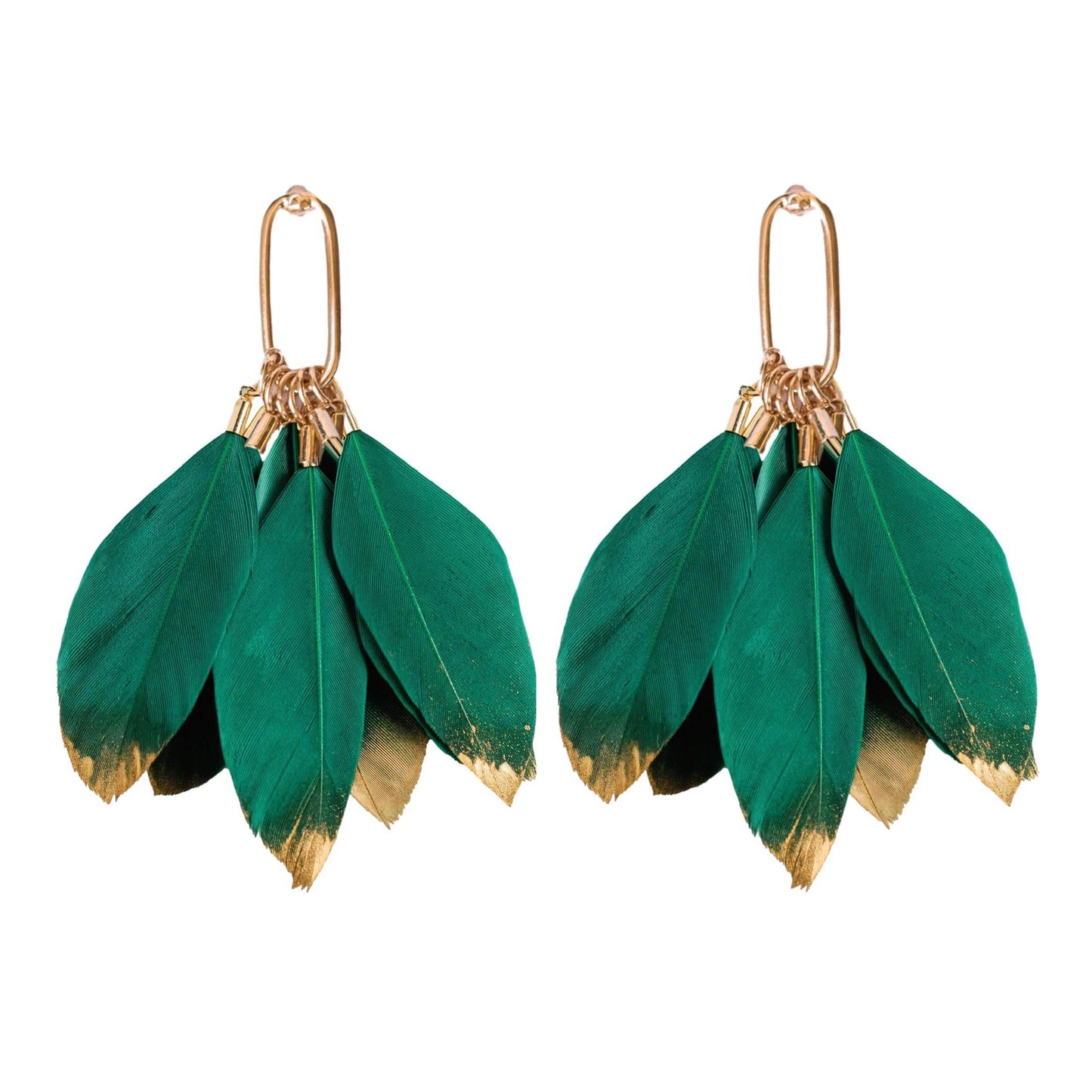 St Armands Designs of Sarasota - Emerald Gold Dipped Feather Tassel Statement Earrings